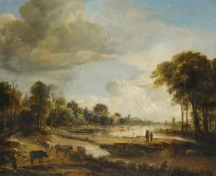 Un paisaje fluvial con figuras y ganado